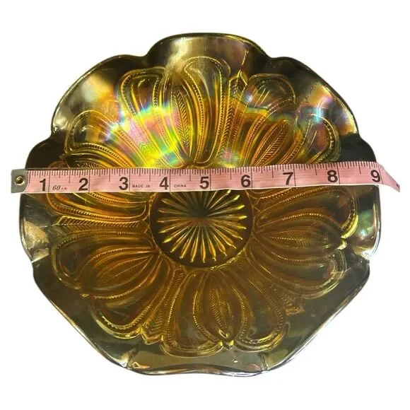 Vintage 70s Amber Marigold Carnival Glass Bowl Herringbone Ruffled Edge - Picture 6 of 8